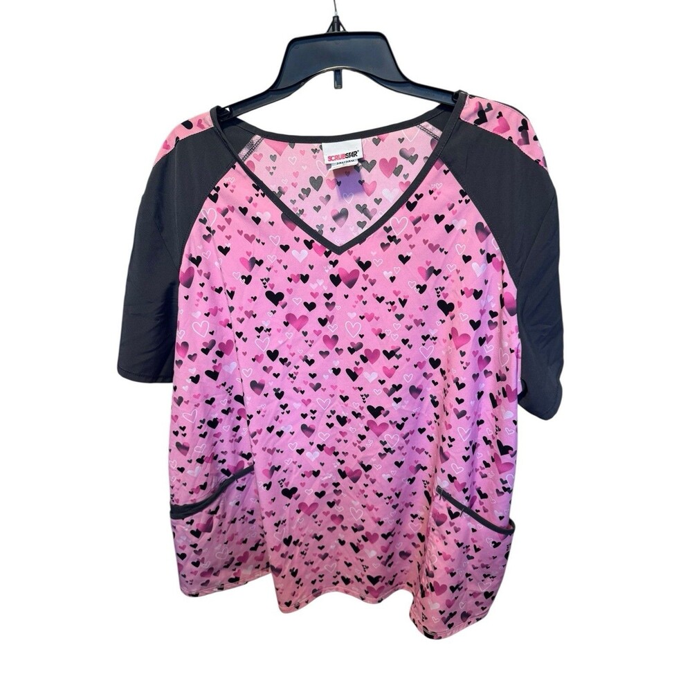 Womens Pink Hearts Scrub Top 3XL Pink/gray V Neck Valentines Day Love EUC